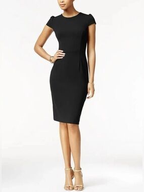 Betsey Johnson Black Scuba Crepe Cap Sleeve Sheath Midi Dress Size 10